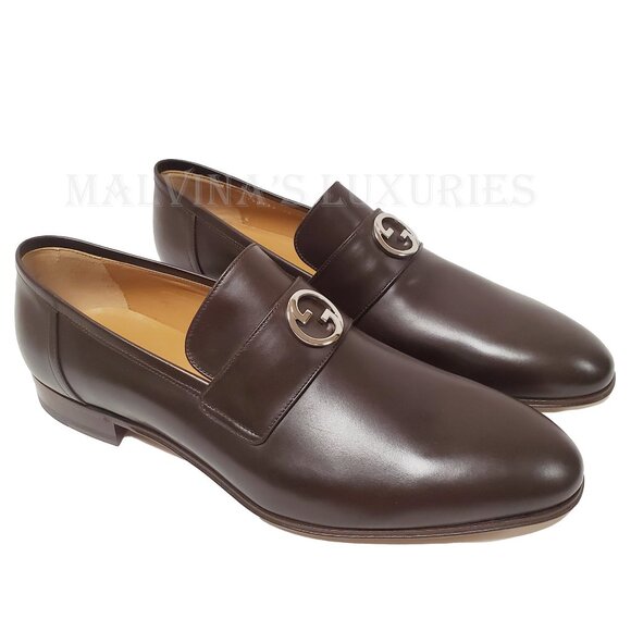 GUCCI SHOES MENS INTERLOCKING G LOGO PLAQUE BROWN LEATHER LOAFERS sz 12.5 / 13 U - Picture 3 of 15